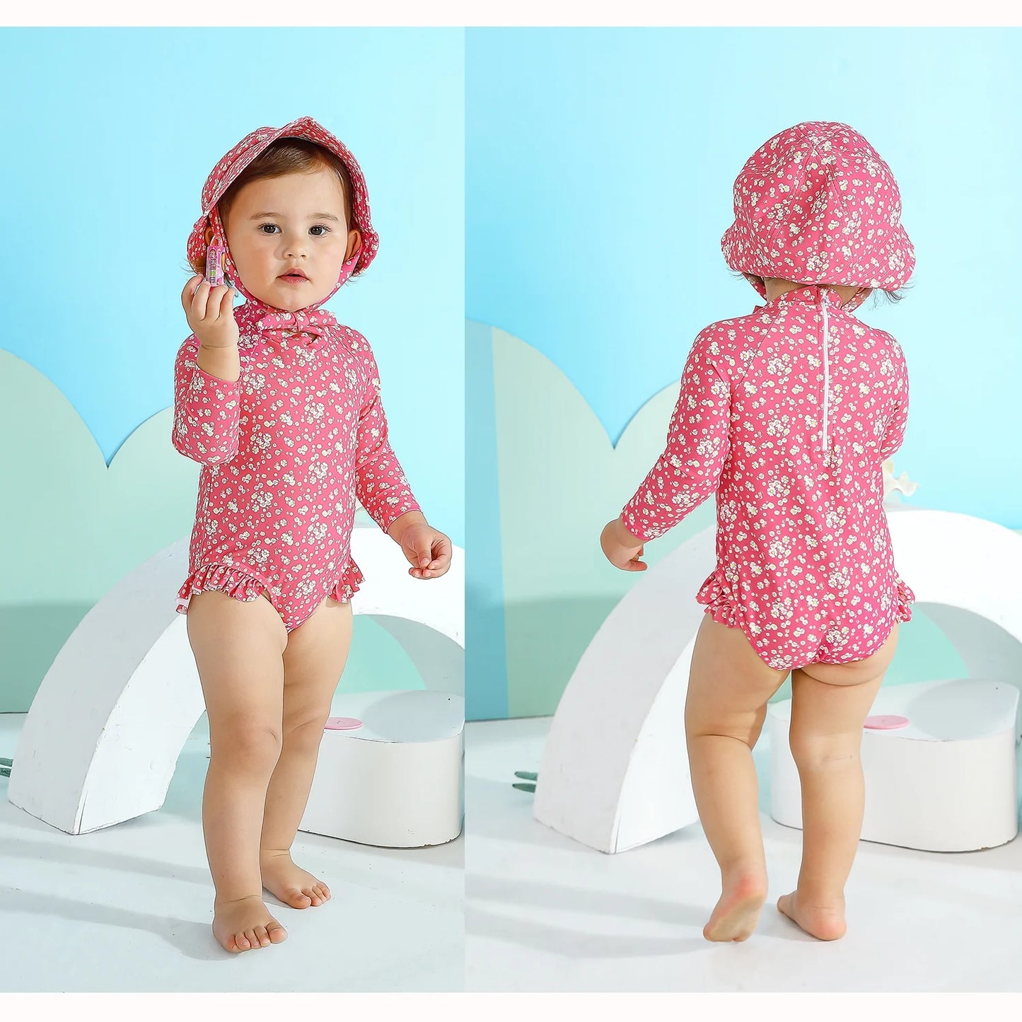 Infant Baby Girl One-Piece Swimsuit Long Sleeve Rash Guard Swimwear Hat Bathing Suit Set for 6-12 Months