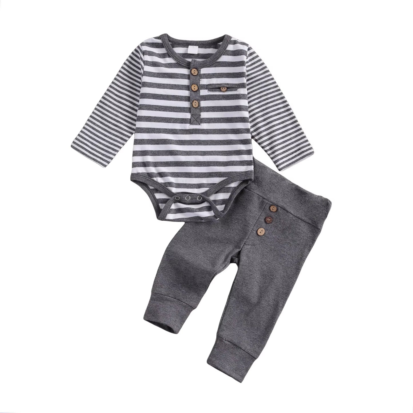 2 Pcs Baby Boy Girl Casual Suit Clothing round Neck Long Sleeve Stripe Romper Button Decoration Loose Trousers