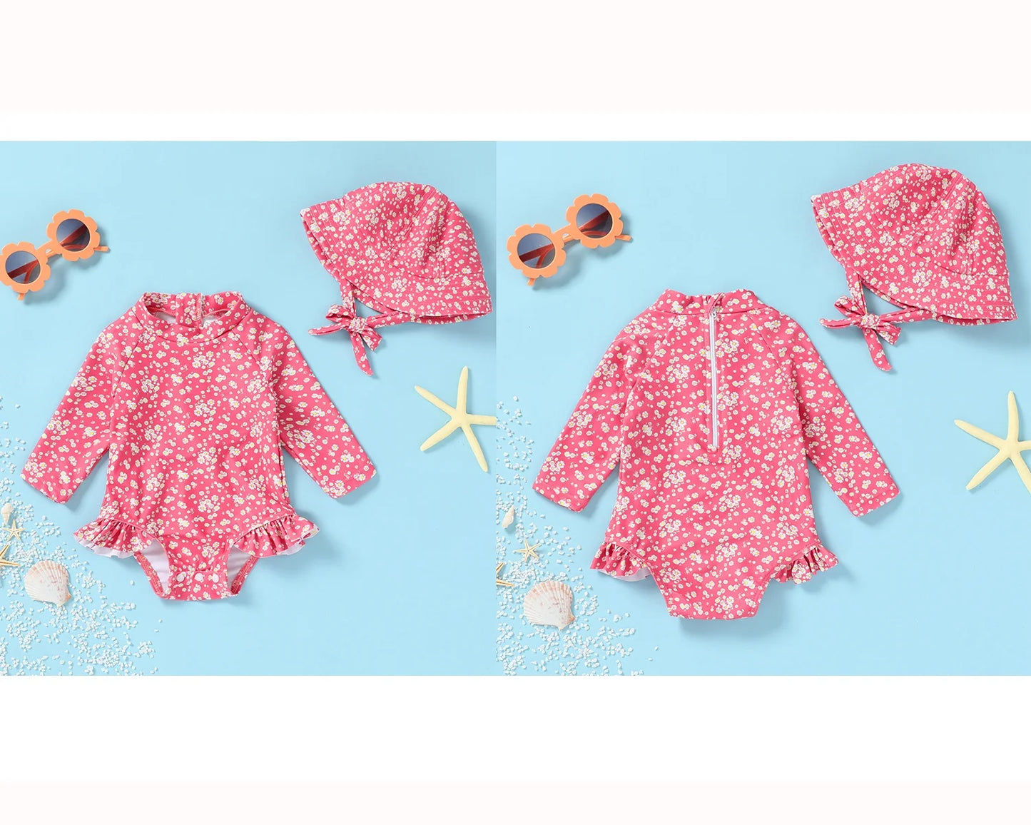 Infant Baby Girl One-Piece Swimsuit Long Sleeve Rash Guard Swimwear Hat Bathing Suit Set for 6-12 Months