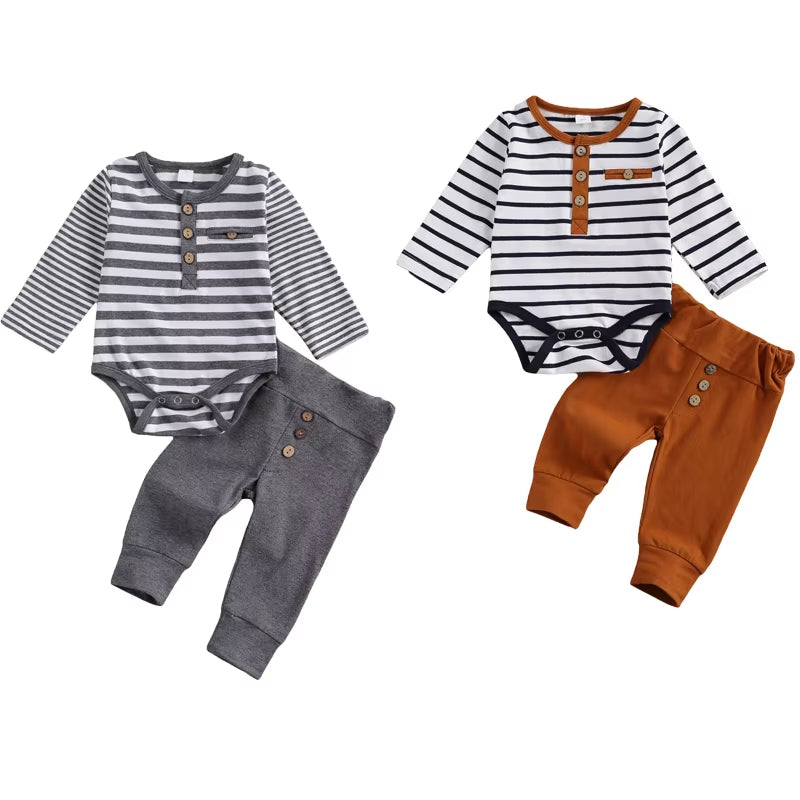 2 Pcs Baby Boy Girl Casual Suit Clothing round Neck Long Sleeve Stripe Romper Button Decoration Loose Trousers