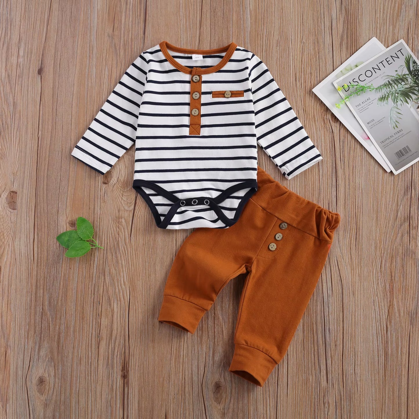 2 Pcs Baby Boy Girl Casual Suit Clothing round Neck Long Sleeve Stripe Romper Button Decoration Loose Trousers
