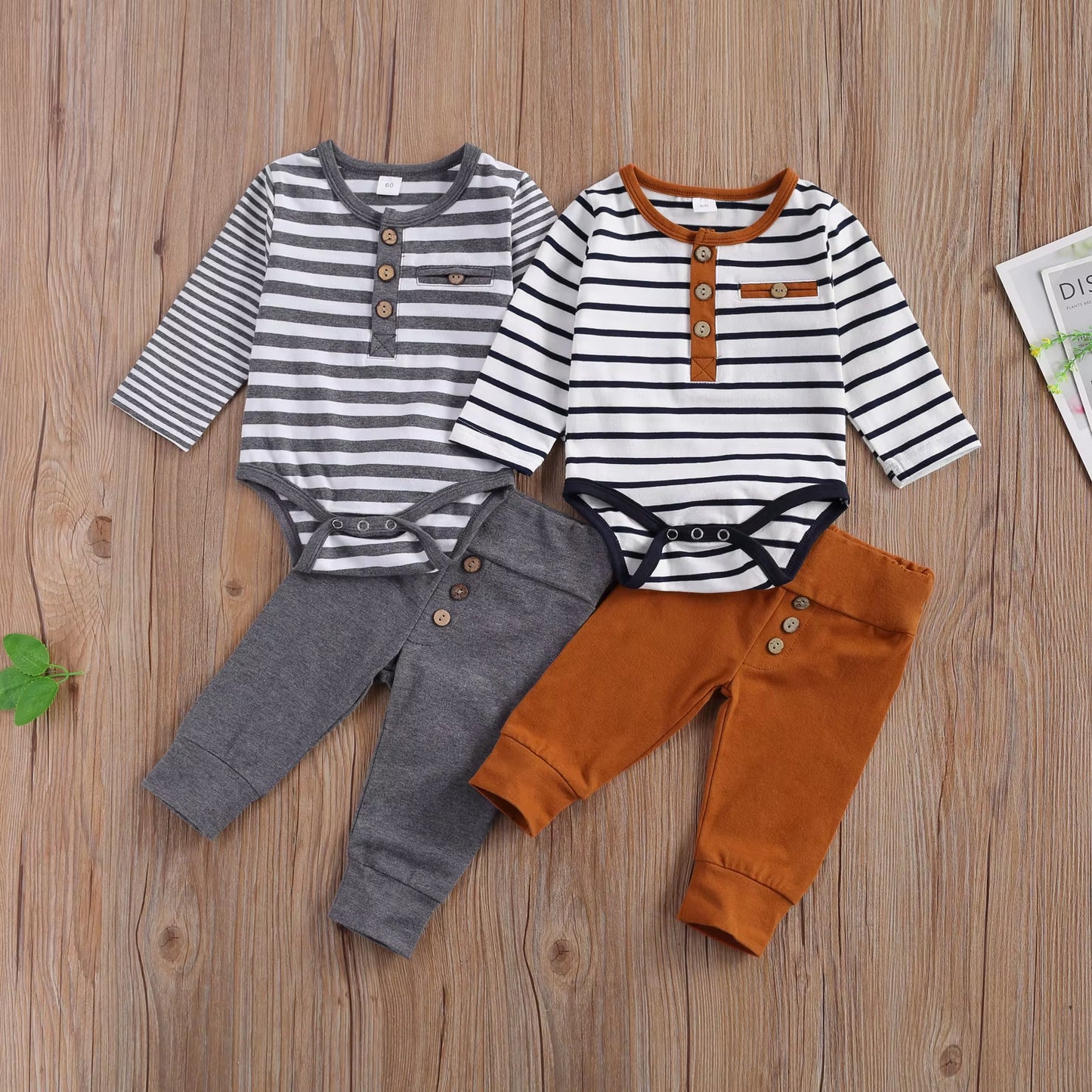 2 Pcs Baby Boy Girl Casual Suit Clothing round Neck Long Sleeve Stripe Romper Button Decoration Loose Trousers