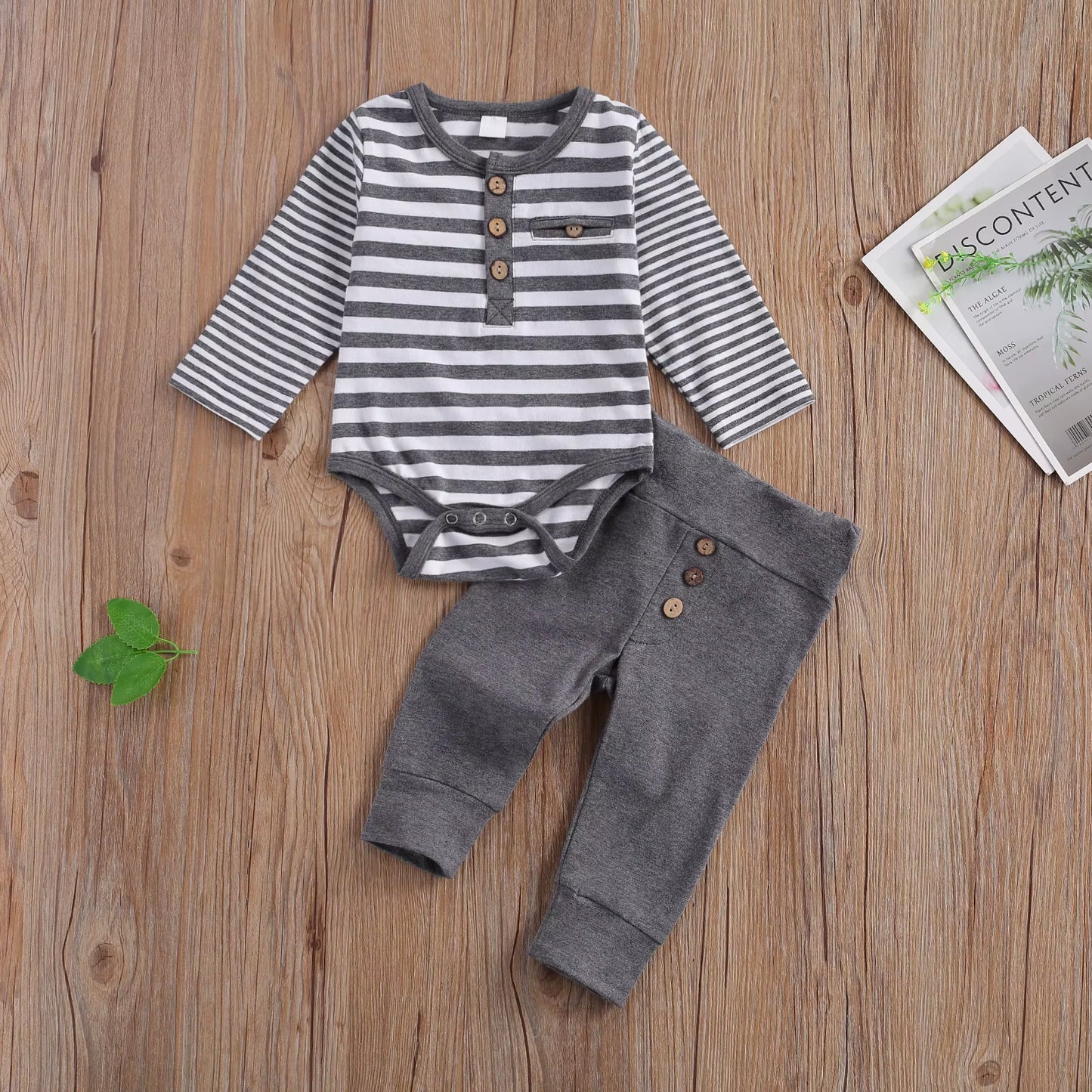 2 Pcs Baby Boy Girl Casual Suit Clothing round Neck Long Sleeve Stripe Romper Button Decoration Loose Trousers