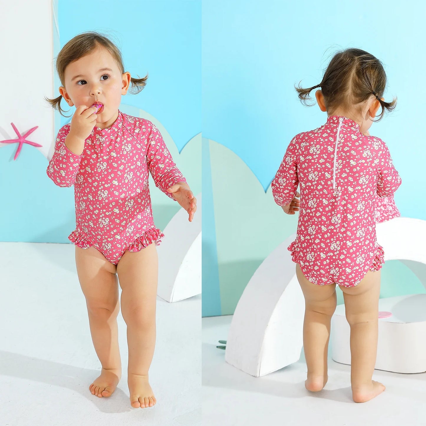 Infant Baby Girl One-Piece Swimsuit Long Sleeve Rash Guard Swimwear Hat Bathing Suit Set for 6-12 Months