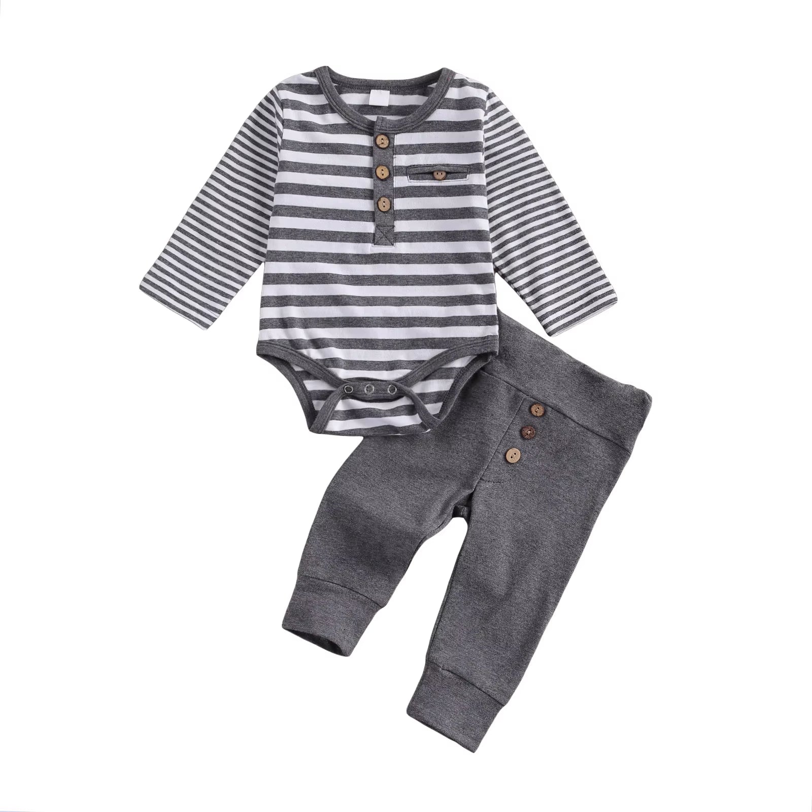 2 Pcs Baby Boy Girl Casual Suit Clothing round Neck Long Sleeve Stripe Romper Button Decoration Loose Trousers