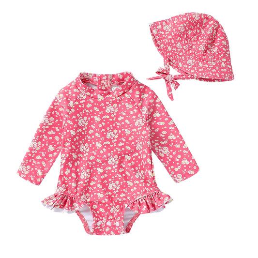 Infant Baby Girl One-Piece Swimsuit Long Sleeve Rash Guard Swimwear Hat Bathing Suit Set for 6-12 Months