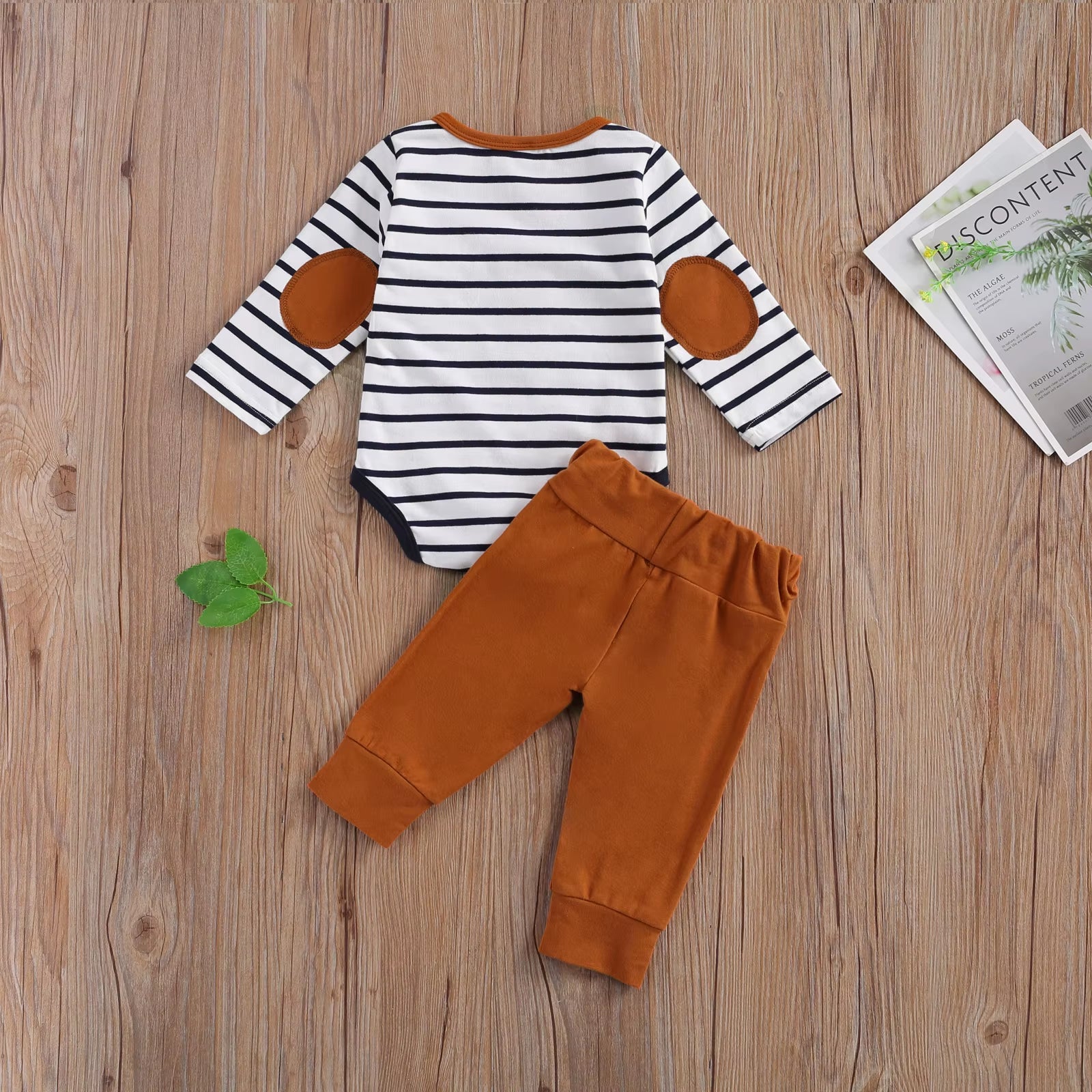 2 Pcs Baby Boy Girl Casual Suit Clothing round Neck Long Sleeve Stripe Romper Button Decoration Loose Trousers