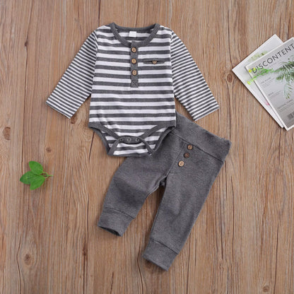 2 Pcs Baby Boy Girl Casual Suit Clothing round Neck Long Sleeve Stripe Romper Button Decoration Loose Trousers